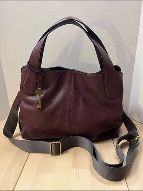 FOSSIL Eggplant Purple Leather Purse Bag w/ Removable & Adjustable Gray Strap